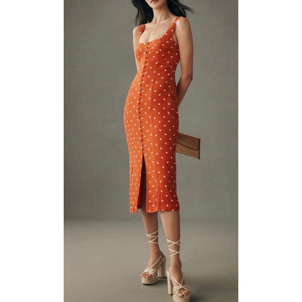 Maeve Midi Dress Women 10P Red/Orange NEW Polka Dot Button Front Smocked Back
